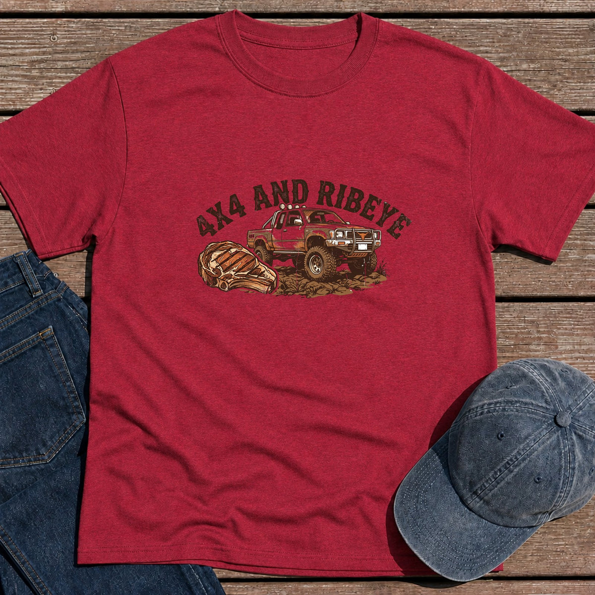 4x4 and Ribeye T-Shirt - Antique Cherry Red