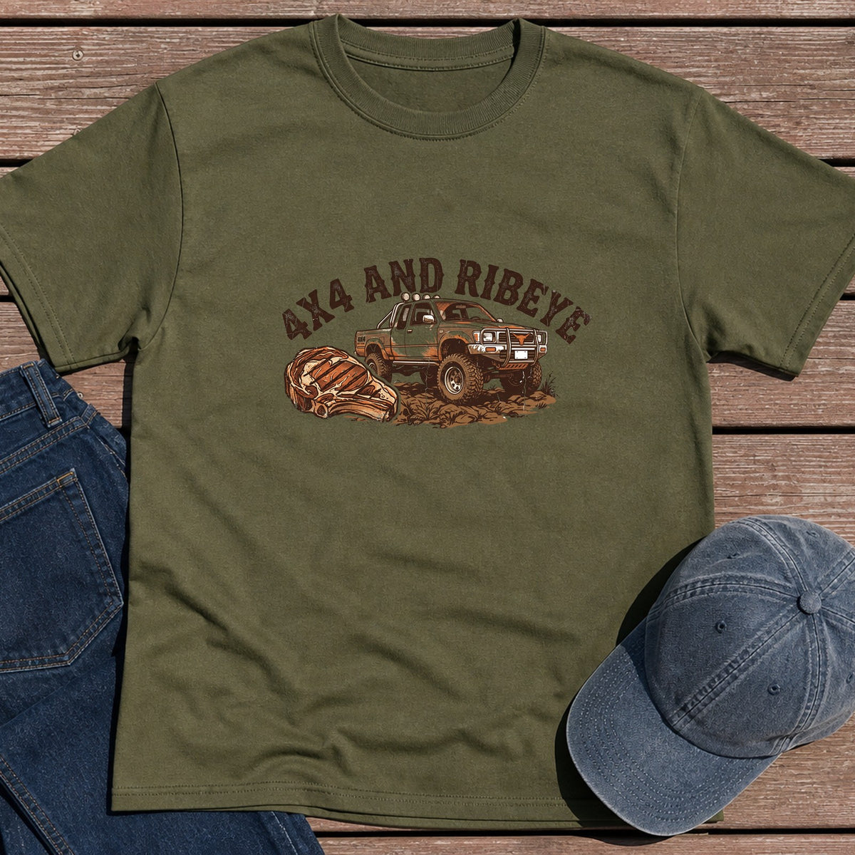 4x4 and Ribeye T-Shirt - Military Green