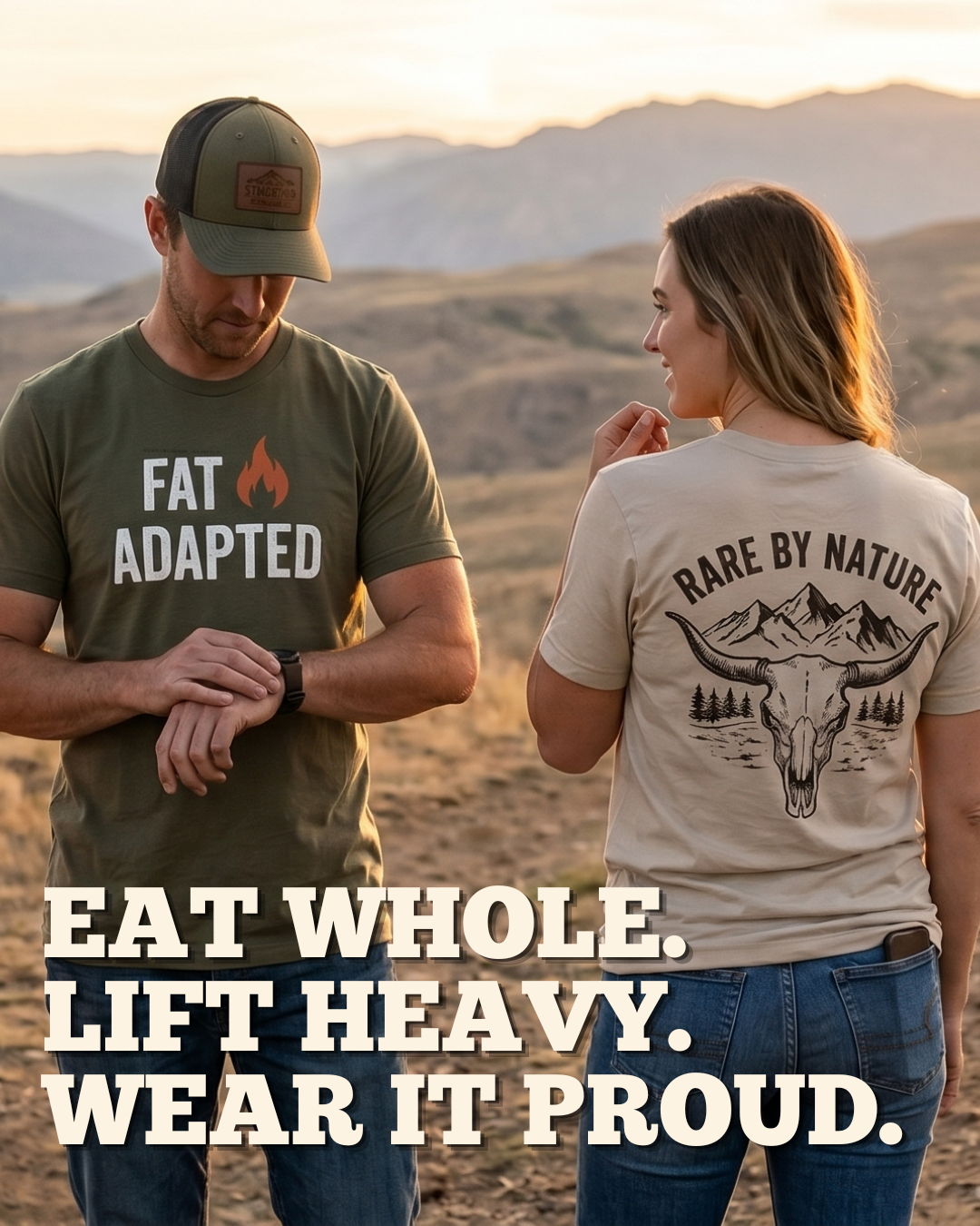Two people standing in a desert landscape with motivational text and t-shirt designs.