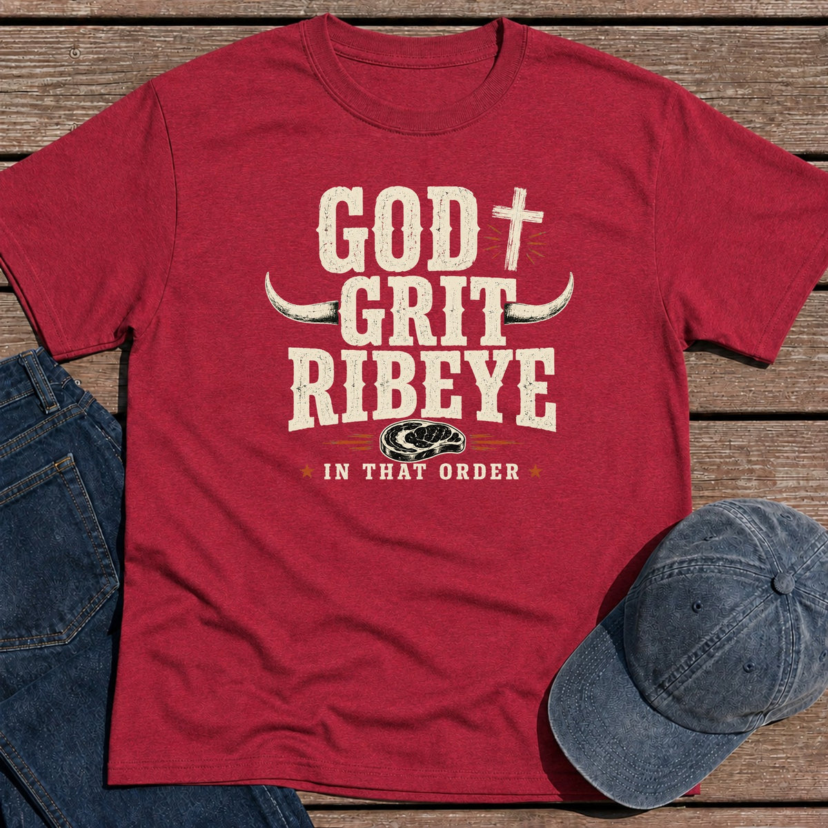 God Grit Ribeye T-Shirt - Antique Cherry Red