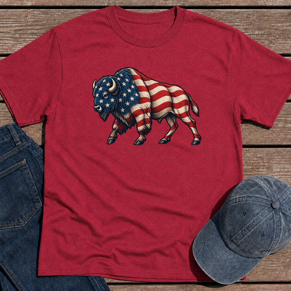 Patriotic Bison T-Shirt - Antique Cherry Red