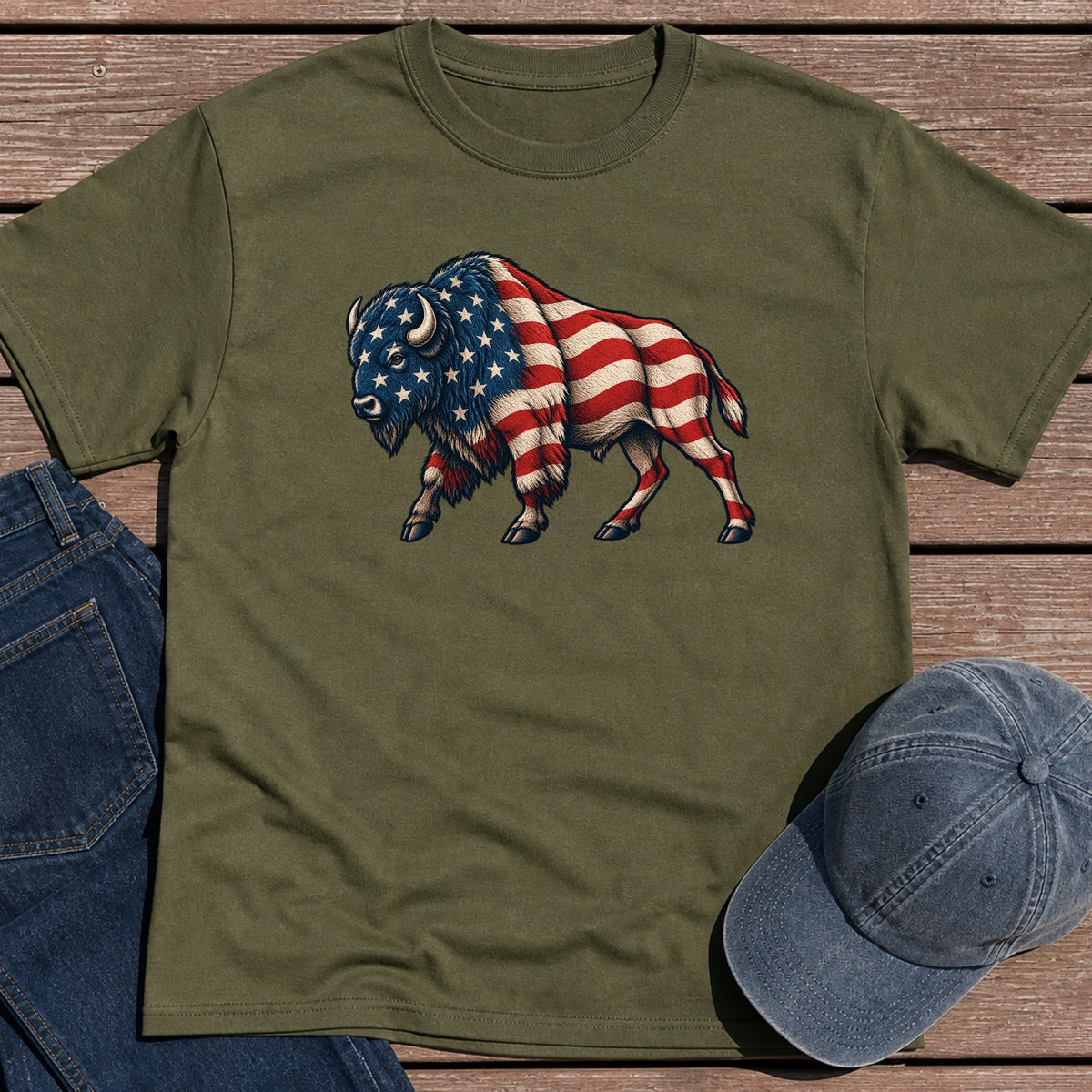 Patriotic Bison T-Shirt - Military Green