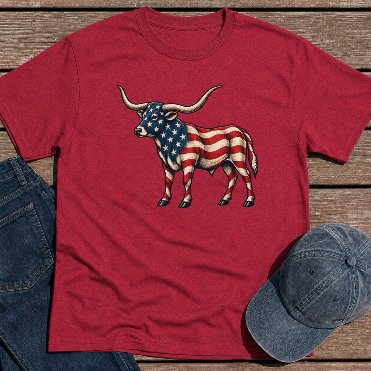 Patriotic Longhorn T-Shirt - Antique Cherry Red