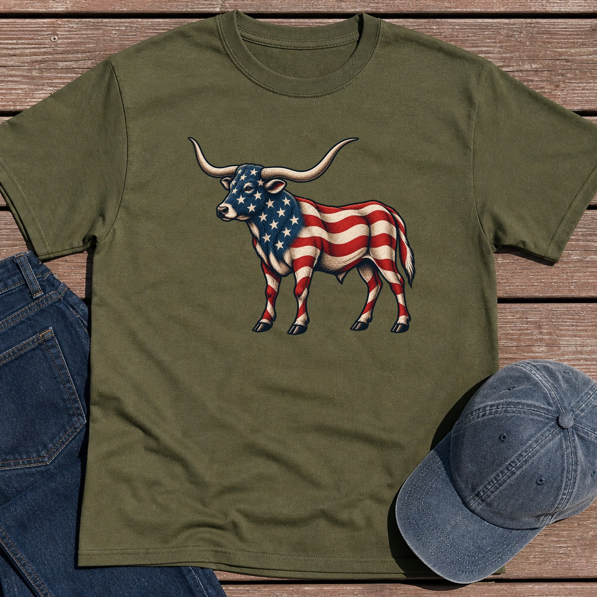 Patriotic Longhorn T-Shirt - Military Green