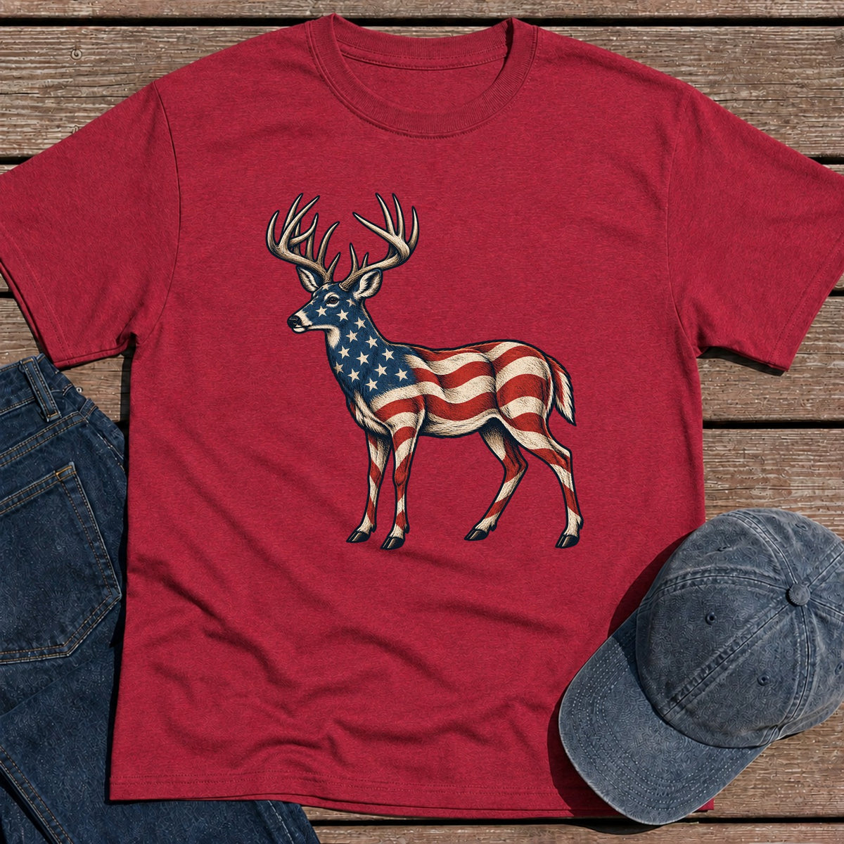 Patriotic Whitetail T-Shirt - Antique Cherry Red
