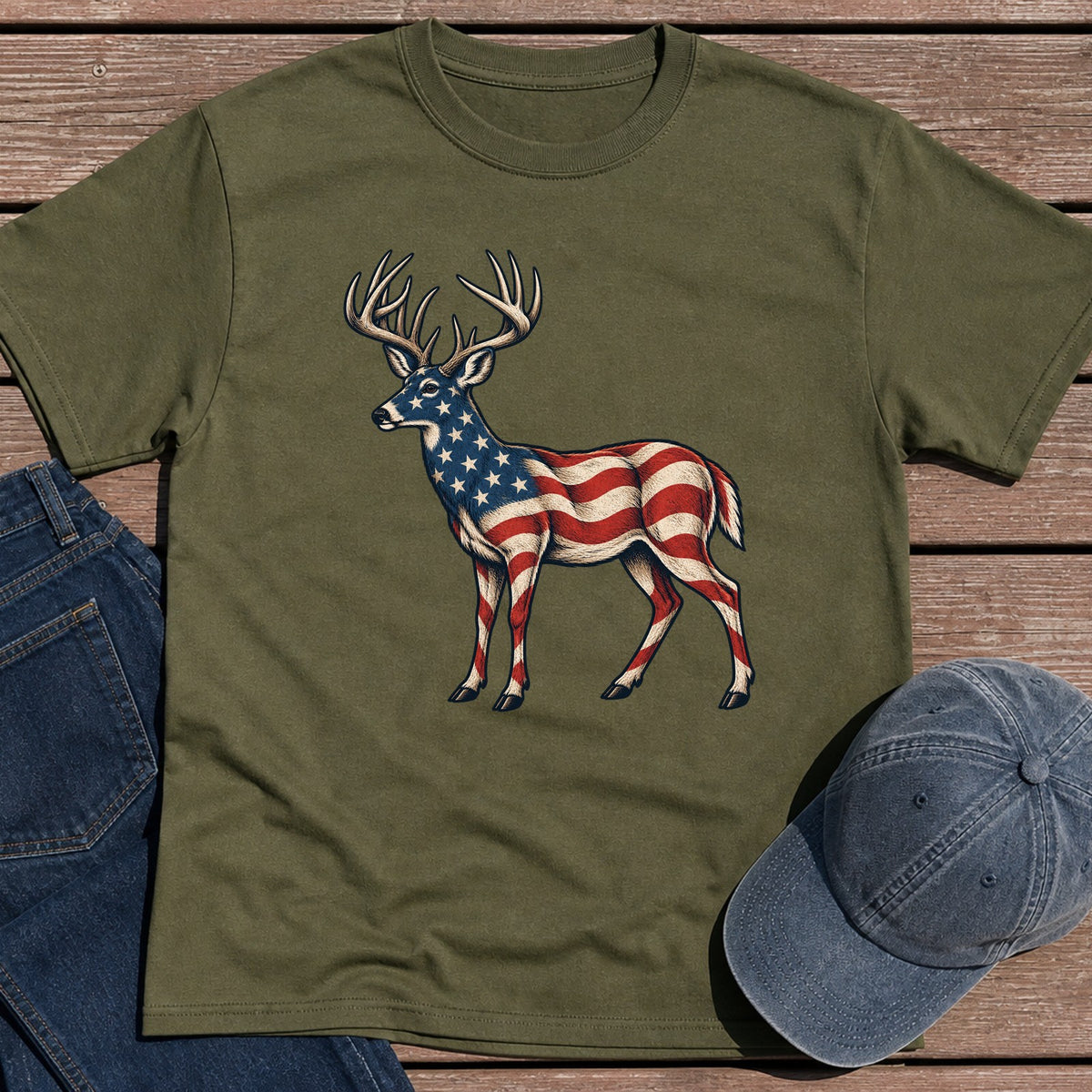 Patriotic Whitetail T-Shirt - Military Green