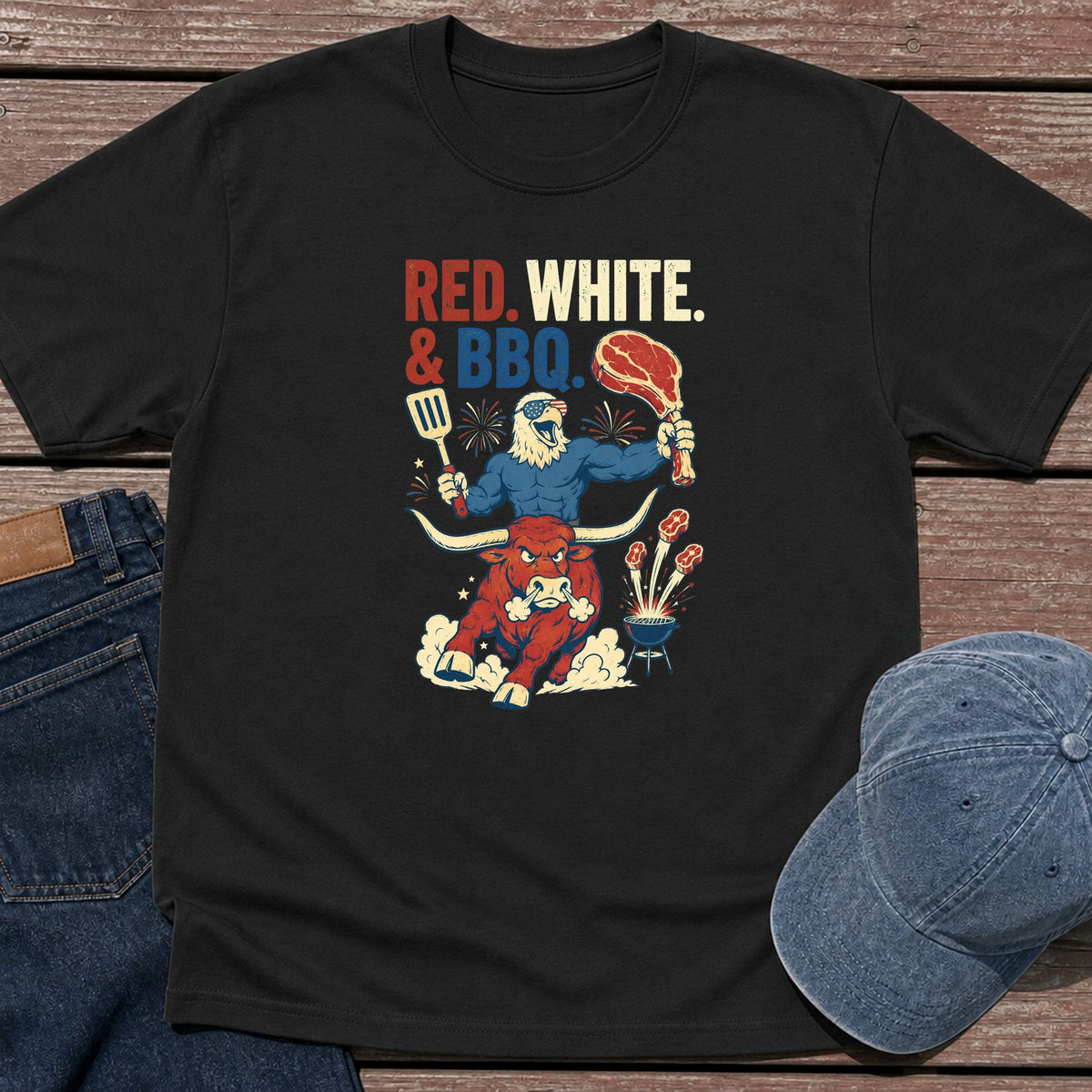 Red White BBQ T-Shirt - Black