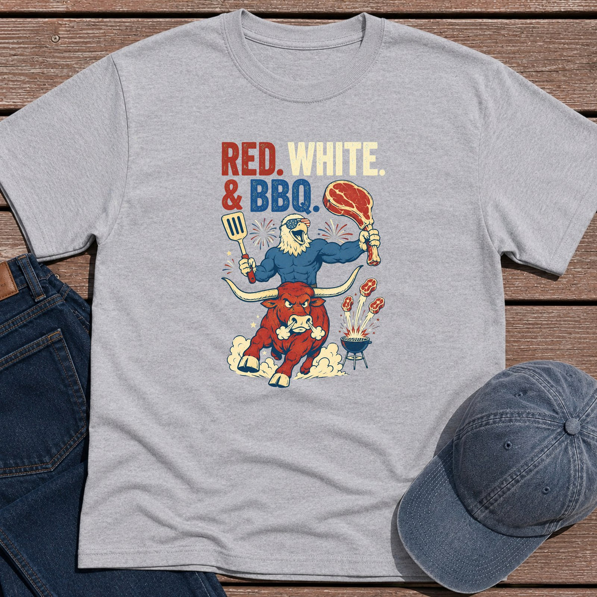 Red White BBQ T-Shirt - Sport Grey