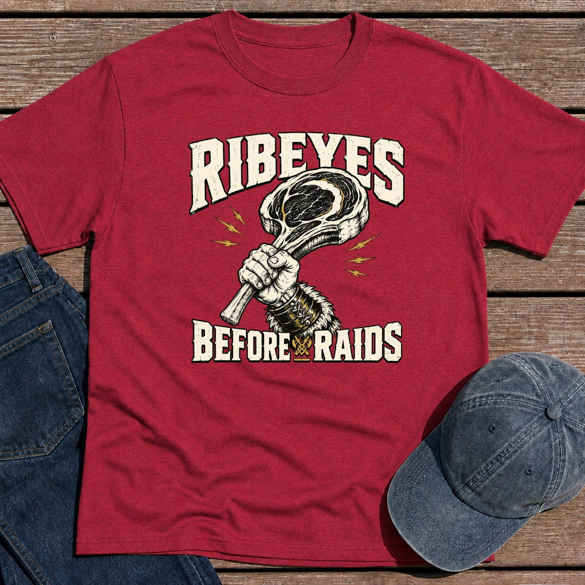 Ribeyes & Raids T-Shirt - Antique Cherry Red