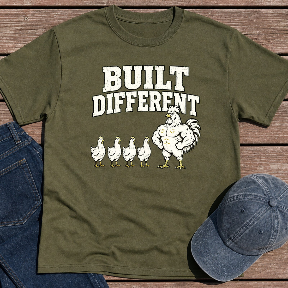 Rooster Built T-Shirt - Military Green