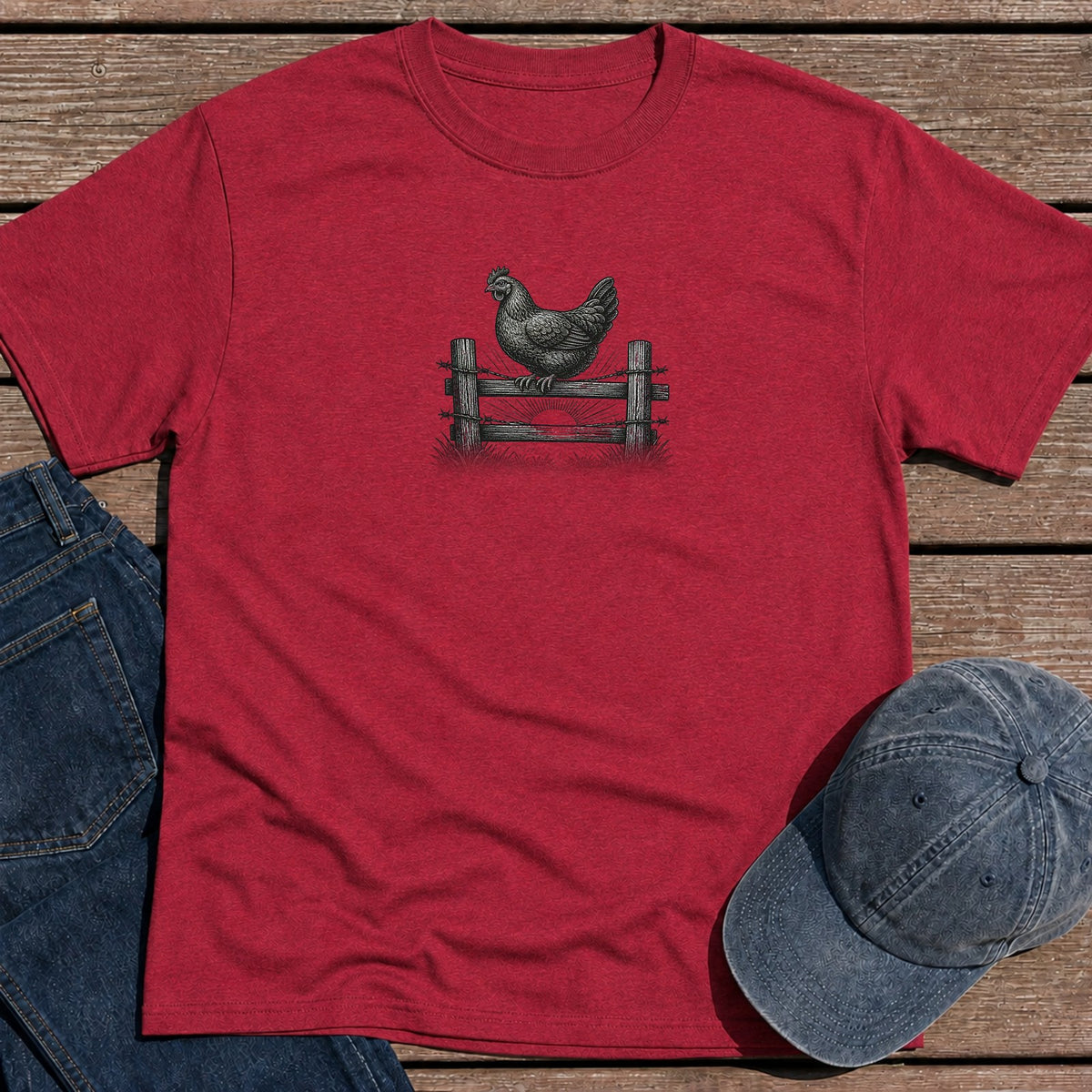 Rooster Fence T-Shirt - Antique Cherry Red