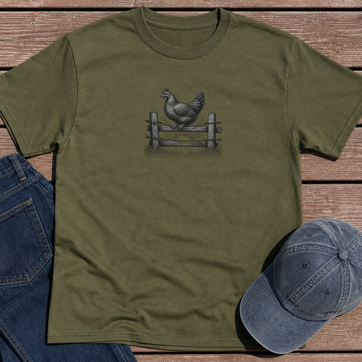Rooster Fence T-Shirt - Military Green