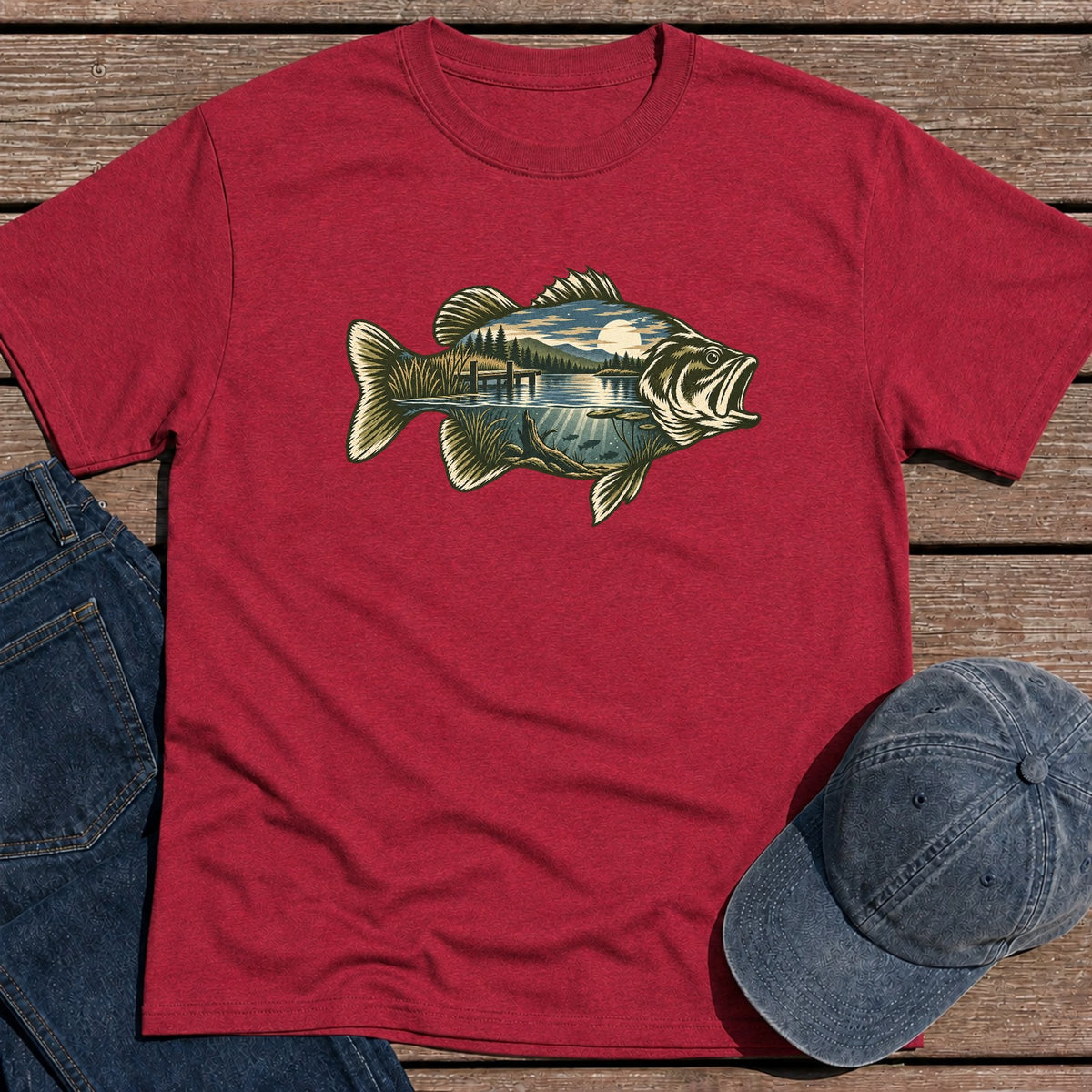 Scenic Bass T-Shirt - Antique Cherry Red