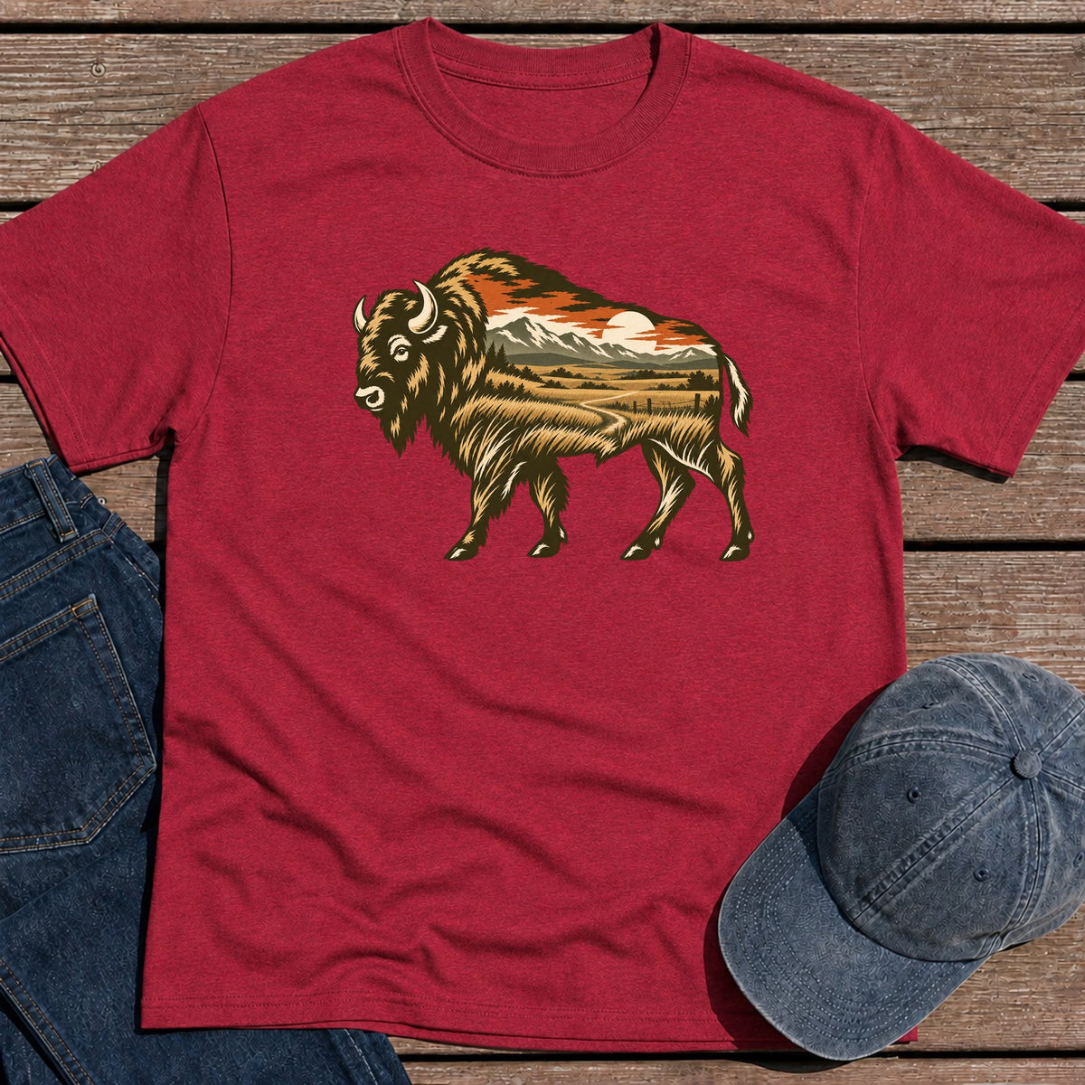 Scenic Bison T-Shirt - Antique Cherry Red