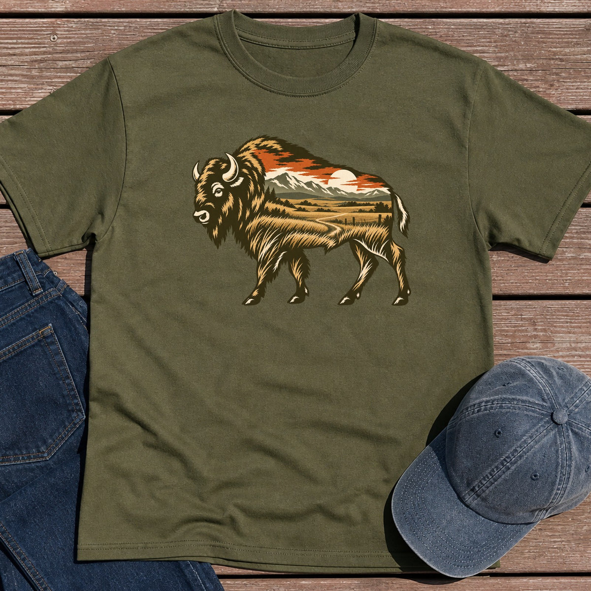 Scenic Bison T-Shirt - Military Green