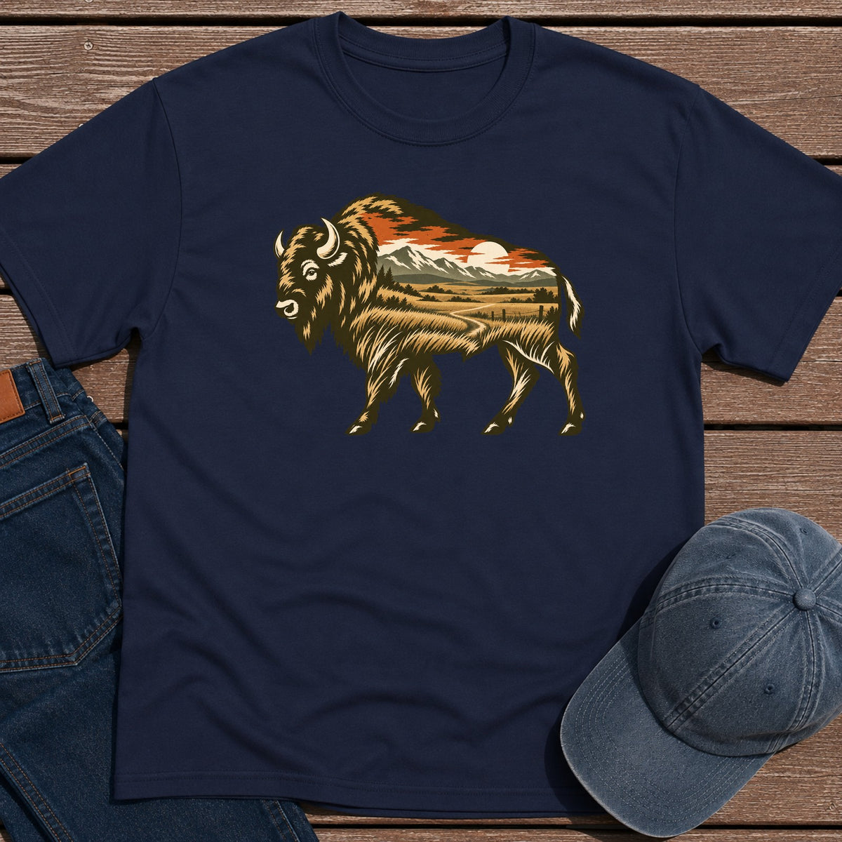 Scenic Bison T-Shirt - Navy