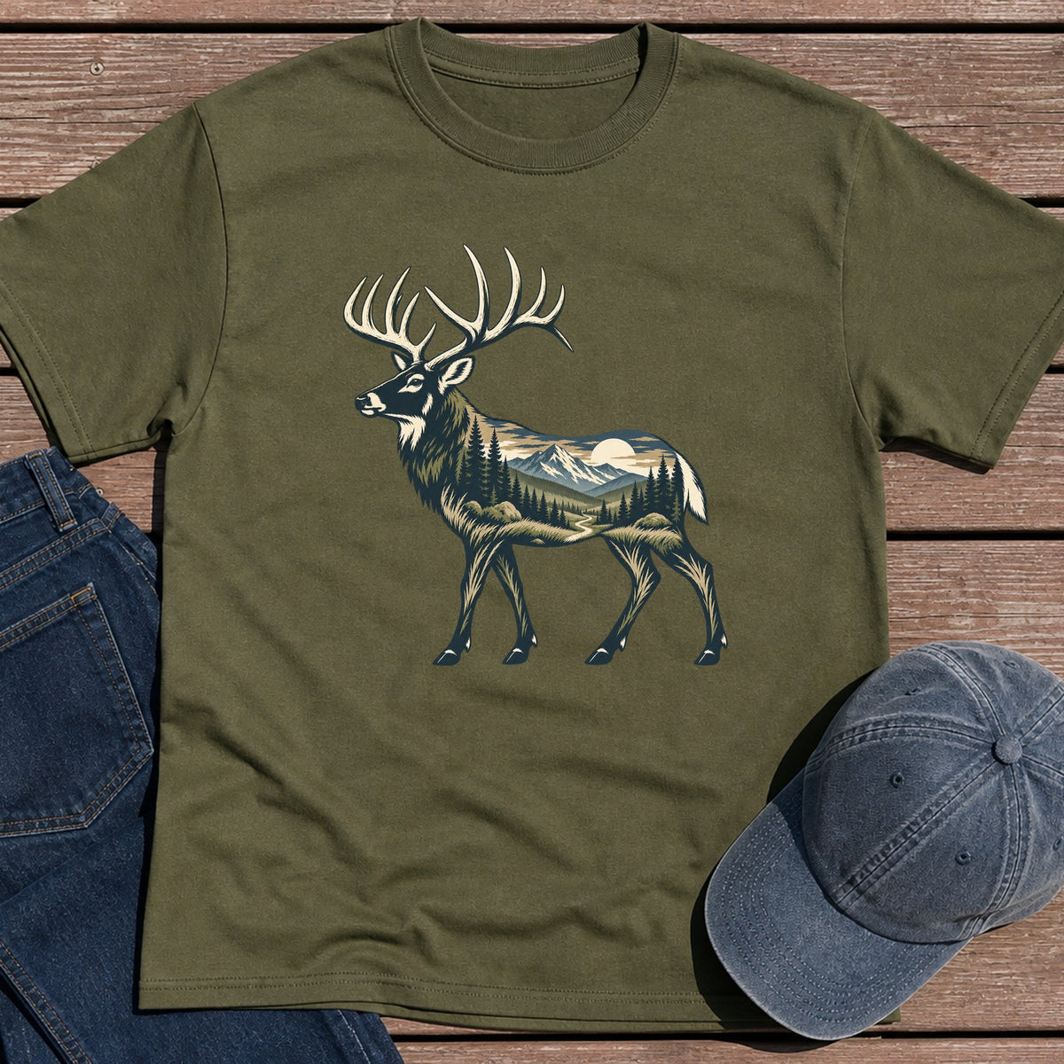 Scenic Elk T-Shirt - Military Green