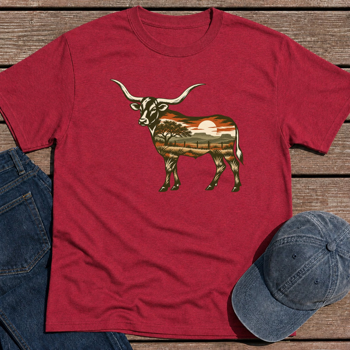 Scenic Longhorn T-Shirt - Antique Cherry Red