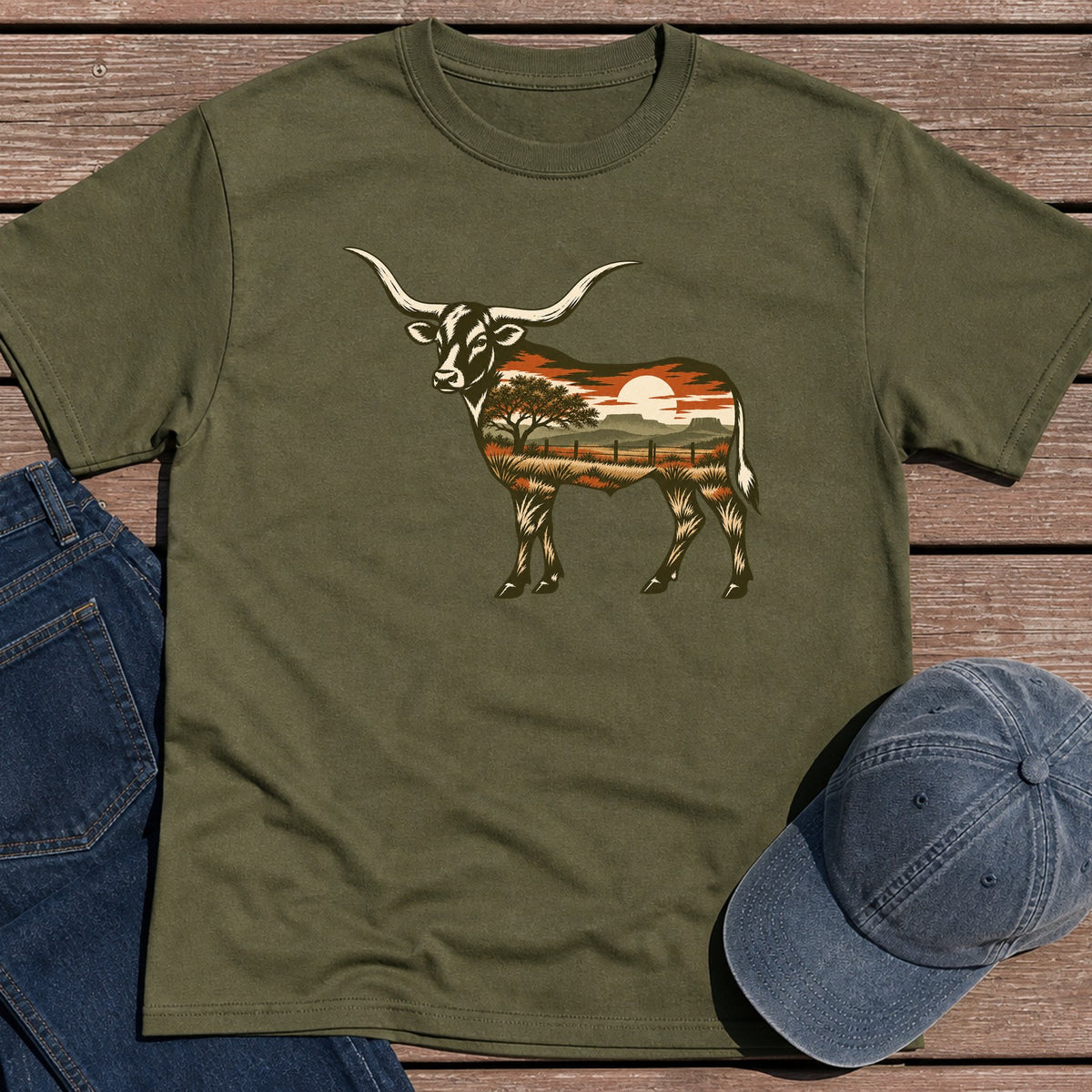 Scenic Longhorn T-Shirt - Military Green